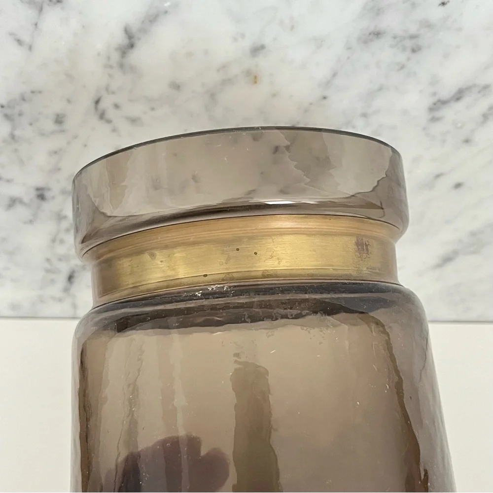 Large Brown Glass Vase Jar Textured Metal Band MCM Neutral Minimalist Moody